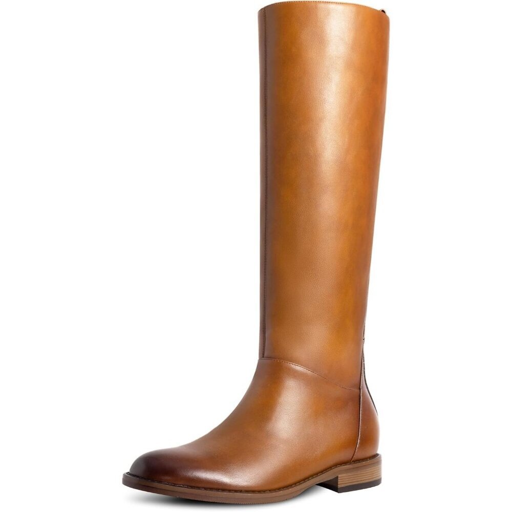 Women's Brown Flat Round Toe Low Heel Comfortable Side Zipper Knee High Boots